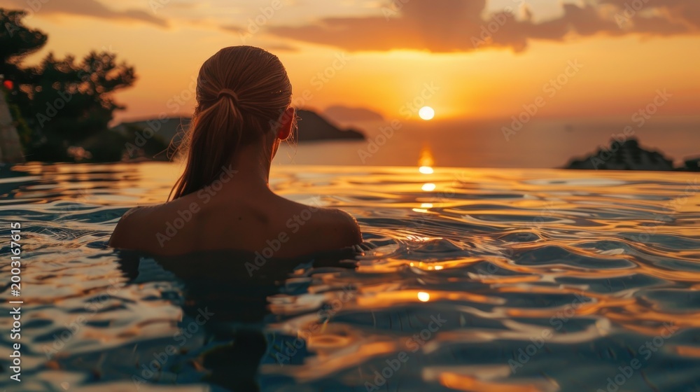 Fototapeta premium Woman enjoying sunset view from infinity pool