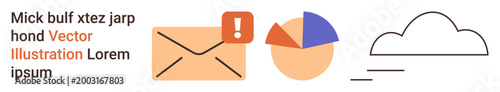 Communication, email notifications, data management, cloud storage, analytics, information flow. Envelope with alert icon, pie chart and cloud symbol. Communication and email notifications concept