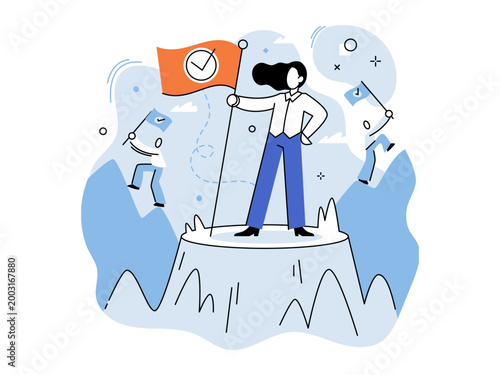 Woman standing on a mountain peak holding a success flag vector illustration. Success, career growth, leadership, achievement, winning, competition. Female leader clutching banner atop summit