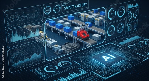 Futuristic Smart Factory Dashboard with AI Integration, Robotic Automation, and Data Analytics