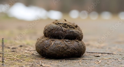 Close-up macro shot of animal dung on a forest floor trail