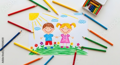 Child's Colorful Drawing of a Happy Boy and Girl Holding Hands, Surrounded by Colored Pencils