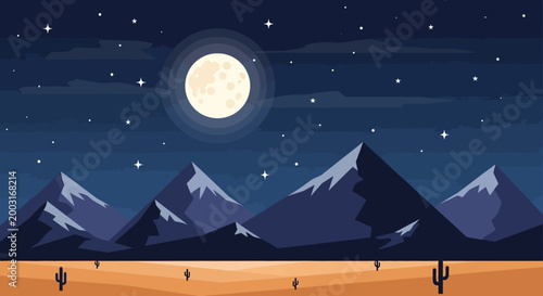 Desert Mountain Landscape Under Full Moon and Stars.