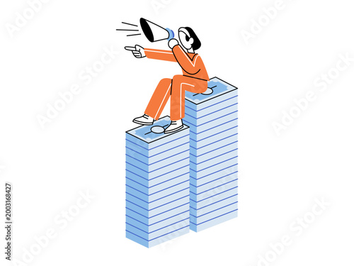Woman shouting in megaphone sitting on money stacks vector illustration Financial success marketing wealth profit growth leadership Person screaming in bullhorn on banknote piles