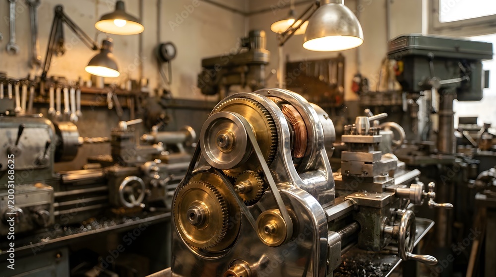 Fototapeta premium Machinery operates in an industrial workshop with equipment and lamps