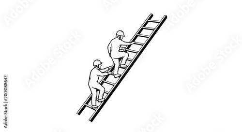 Two construction workers in hard hats climb a ladder together