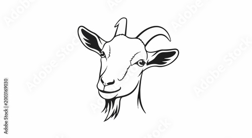 A black and white outline illustration of a goat's head with a beard and horns