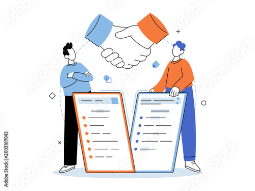 Two men with large digital documents and a handshake vector illustration. Business agreement, digital contract, partnership, online signature, legal, collaboration. Partners near electronic paperwork