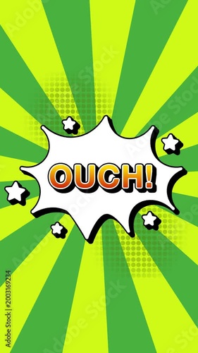 ouch text word lettering popup comic cartoon reveal with bomb and smoke explosion manga anime book page dots radial speed lines doodle green background seamless loop vertical animation retro clip