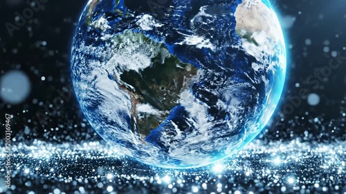 Earth globe in space with sparkling particles highlighting geometric patterns and contemporary art