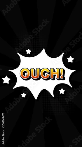 ouch text word lettering popup comic cartoon reveal with bomb and smoke explosion manga anime book page dots radial speed lines doodle black background seamless loop vertical animation retro clip
