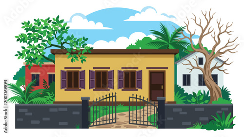 Colorful colonial house with gate and tropical plants vibrant colors against blue sky.