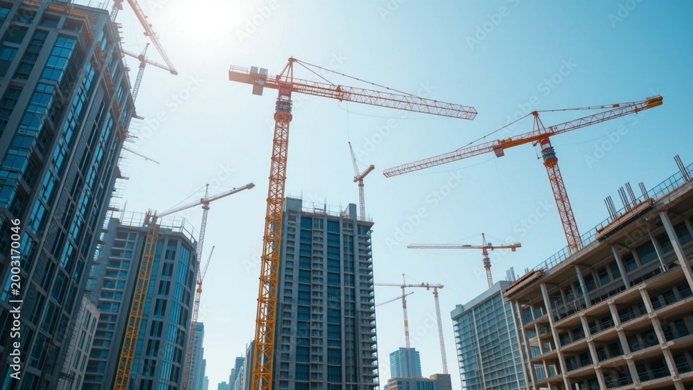 Fototapeta premium Tower Cranes Operating on Modern City Skyscraper Construction Site for Real Estate Development