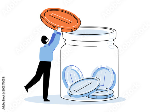 Person putting coin into glass jar vector illustration. Savings growth, investment plan, retirement fund, financial security, wealth, budget. Human depositing currency into money bank