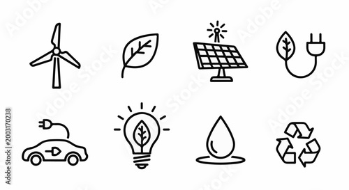 Set of line art icons representing renewable energy and sustainability