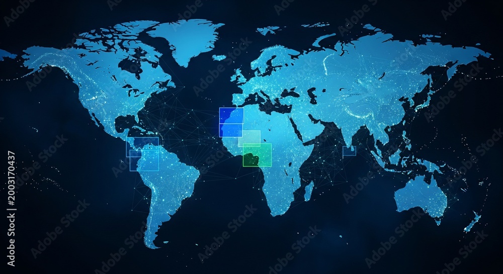 Fototapeta premium Global Digital Network Overlay on World Map at Night Showing Connected Continents with Highlighted