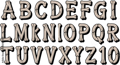 Vector illustration Bone alphabet font for halloween party letters made of skeleton bones for horror theme text designs.