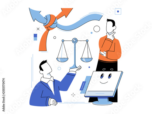 Two men with justice scales and knotted arrows vector illustration. Digital law, ethics, logic, strategy, choice, problem solving. Professional males with balance tool and tangled pointers