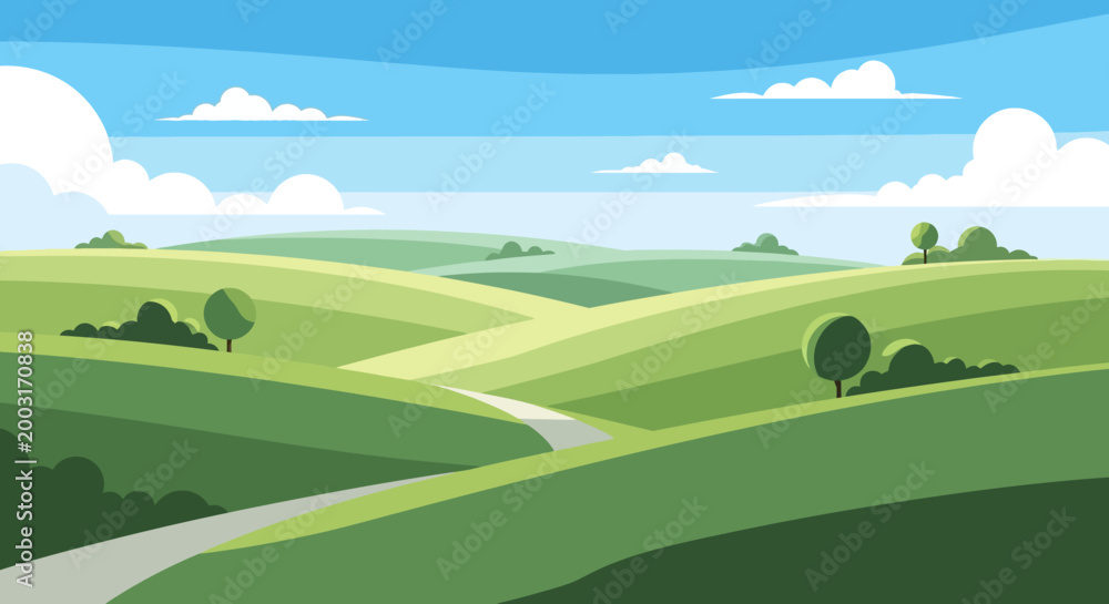 Fototapeta premium Rolling Green Hills Landscape with Winding Path and Blue Sky.