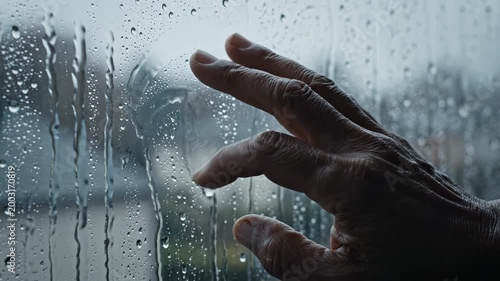 Hand touching wet glass with raindrops ideal for sleek commercial backgrounds and title sequences