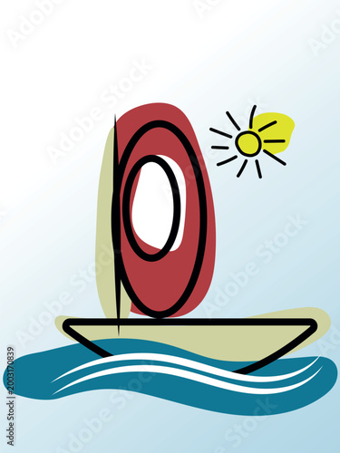 Nautical Vector Illustration of a Sailboat with Sun and Waves in Modern Minimalist Line Art Style