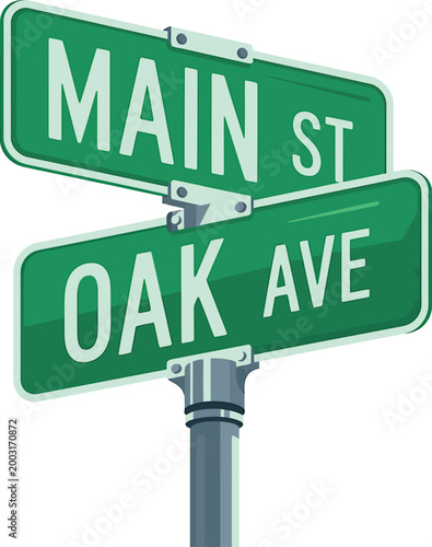 Vector illustration Green street signs for main street and oak avenue on metal pole isolated on transparent background.