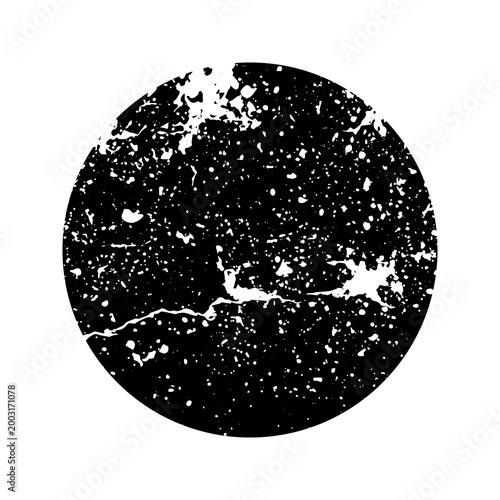 Grunge round shape with stains and scratches. Circle brush stroke, design element. Distressed dirty text frame, border, sticker or label. Paintbrush, ink stains. Vector illustration