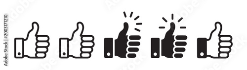 Five thumbs up icons, two outline and three solid black, with two showing sparkling feedback effect.