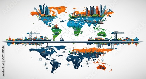 Global Logistics and Supply Chain Network Illustrated on a World Map with Cityscapes, Ships,