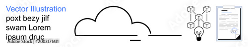 Cloud computing, technology, blockchain, innovation, digital documentation, online storage. Minimal cloud shape, blockchain diagram and signed digital document. Cloud computing and technology theme