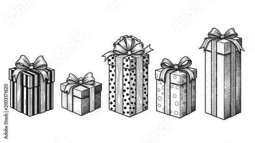 Photography Presents in a row with varying patterns and bows