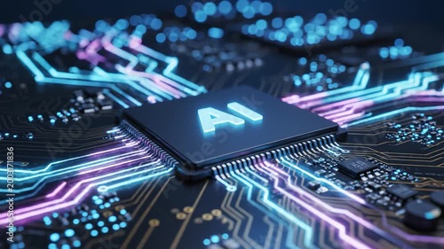 AI chip on circuit board with glowing lines highlighting artificial intelligence and digital evolution