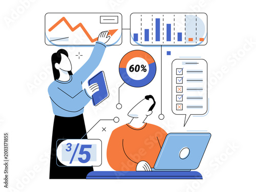Business team analyzing financial data charts vector illustration. Marketing, project management, performance tracking, data science, teamwork, growth. Office specialists reviewing metrics