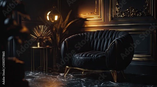 Luxurious dark interior space features a tufted black armchair accented with golden details