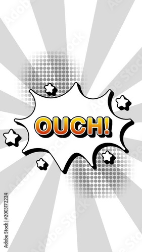 ouch text word lettering popup comic cartoon reveal with bomb and smoke explosion manga anime book page dots radial speed lines doodle white background seamless loop vertical animation retro clip