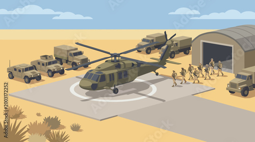Obraz na plátně A detailed illustration of a military airbase scene depicting soldiers boarding helicopters and armored vehicles, showcasing operational readiness and teamwork of military forces