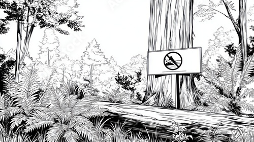 Forest Scene with No Trespassing Sign and Lush Greenery Background