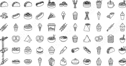 Assorted food and drink line featuring street food, snacks, and desserts in black lines