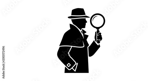 Silhouette of man with magnifying glass.