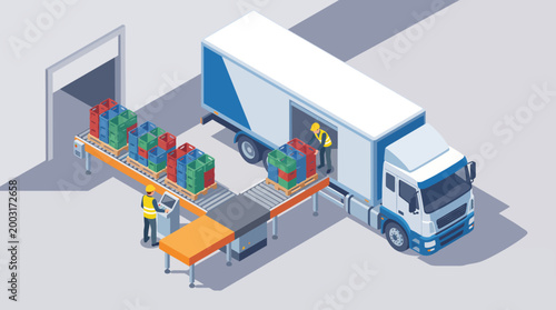 A logistics scene featuring workers loading a truck with cargo, illustrating transportation and supply chain management in a seamless operation, critical for businesses today.