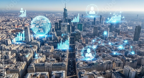 Global network connection overlay on a modern city skyline with digital graphs and human icons