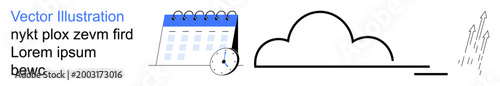 Time management, scheduling, productivity, data storage, innovation, progress. A calendar, stopwatch cloud and upward arrows. Time management and scheduling concepts