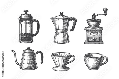 Set of Coffee Brewing Equipment Icons in Vintage Hand Drawn Line Art Vector Illustration Featuring French Press Moka Pot Grinder and Pour Over Kettle