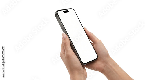 Hand holding smartphone blank screen isolated on transparent background png