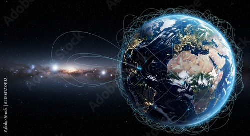 Global network connections on Earth and galaxy background, illustrating digital communication