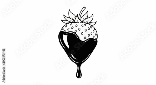 Line art of a strawberry dipped in dark chocolate, with a drip