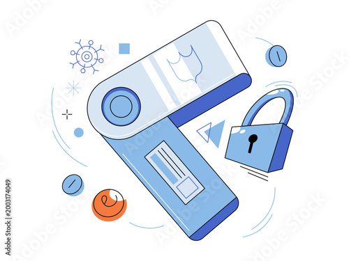 Hardware crypto wallet with padlock and shield vector illustration. Blockchain tech, asset protection, cold storage, finance safety, crypto management, cyber security. Secure usb drive with lock