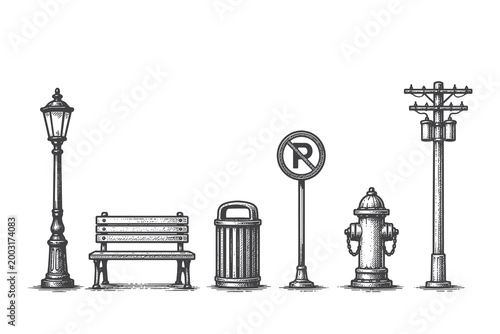 Set of Urban Street Objects Including Bench Lamp Post and Fire Hydrant in Vintage Hand Drawn Line Art Vector Illustration for City Infrastructure Design
