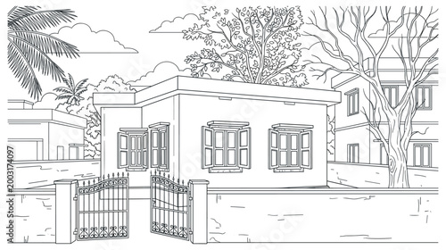 Simple line art drawing of suburban house with gated entrance and tall tree in background.