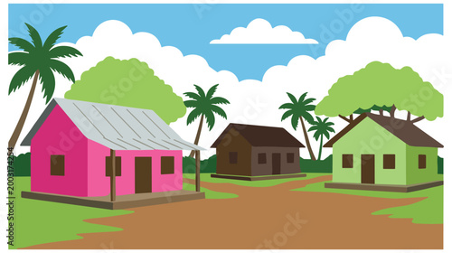 Colorful village houses in tropical setting with palm trees and fluffy white clouds above.